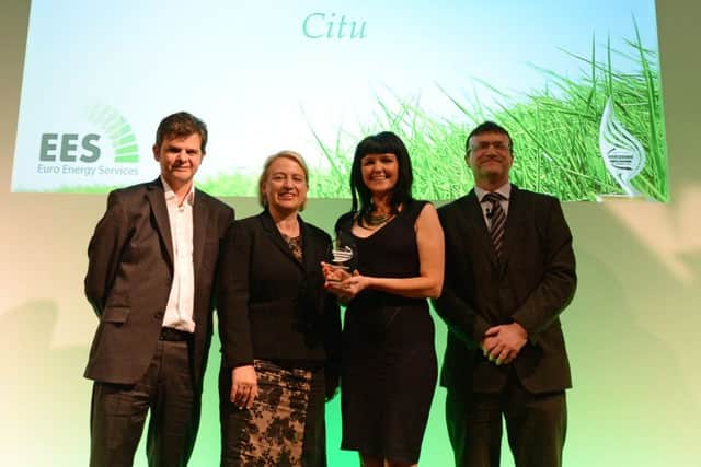 Aisling Ramshaw, a partner at Citu, receives the Built Environment Projects over £1m award at the Yorkshire Post Environmental Awards at the Queens Hotel, Leeds. Picture: Anna Gowthorpe