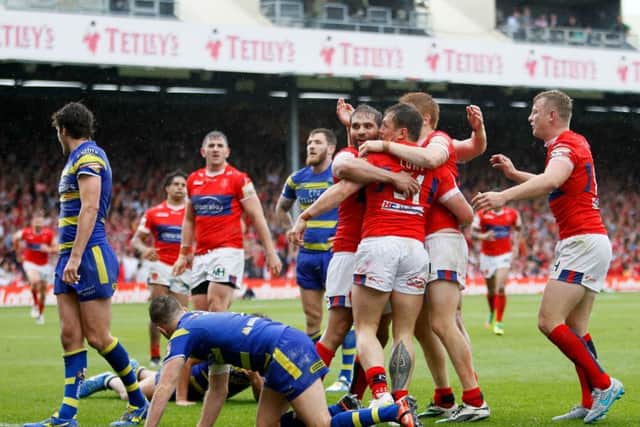 Hull KR's Shaun Lunt celebrates his late try