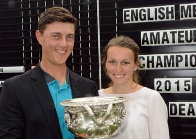 Yorkshire county player Joe Dean with girlfriend Emily Lyle and the English Men's Amateur championship trophy.