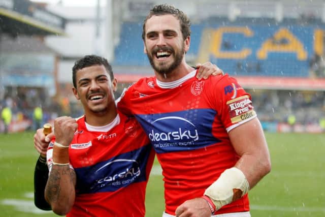 Hull KR's Josh Mantellato celebrates with Kieran Dixon after their win in the Challenge Cup semi-final at Headingley against Warrington (Picture: Richard Sellers/PA Wire).