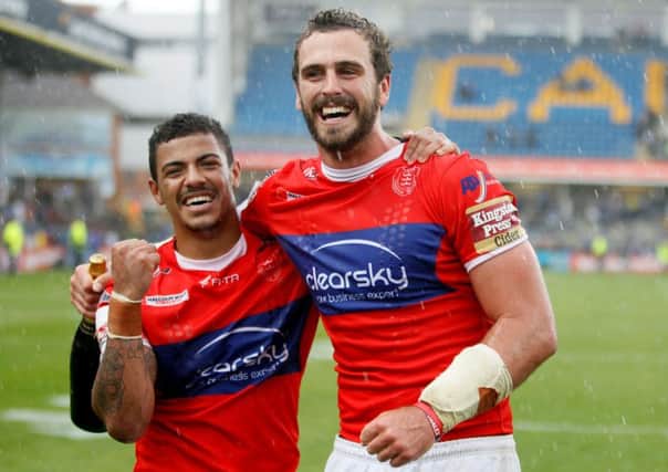Hull KR's Josh Mantellato celebrates with Kieran Dixon after their win in the Challenge Cup semi-final at Headingley against Warrington (Picture: Richard Sellers/PA Wire).