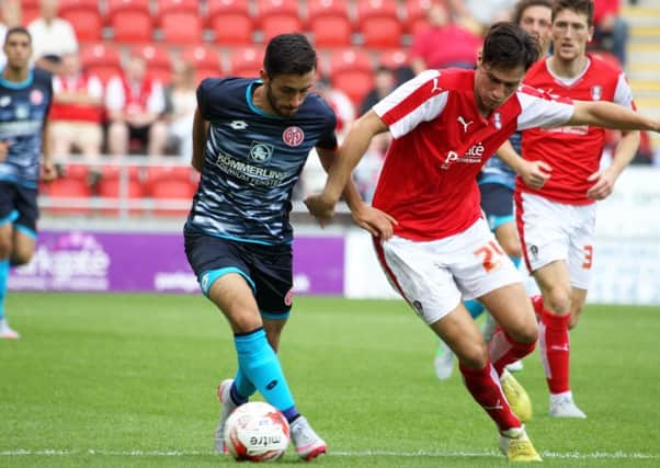 Action from Rotherham United v FSV Mainz 05 at the AESSEAL New York Stadium. Trialist Joe Newell pictured in action for Rotherham.