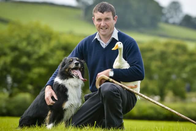 Sam the three-year-old Border Collie sheepdog and an Indian Runner duck  with Meirion Owen, who trains Sam to herd ducks at their home in Rhos yr Hafod, Camarthen, Wales. (Picture: Ben Birchall/PA Wire)