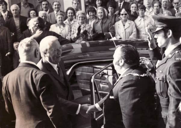 Peter Jaconelli and Edward Heath shake hands on a prime ministerial visit to Scarborough