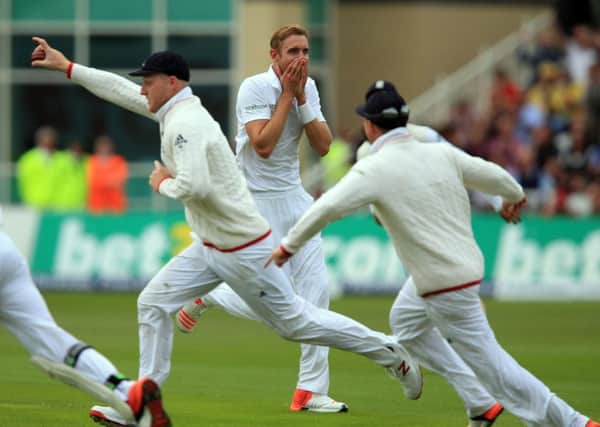 England's Stuart Broad celebrates one of his wickets before lunch on day one of the Fourth Investec Ashes Test at Trent Bridge. Photo: PA.