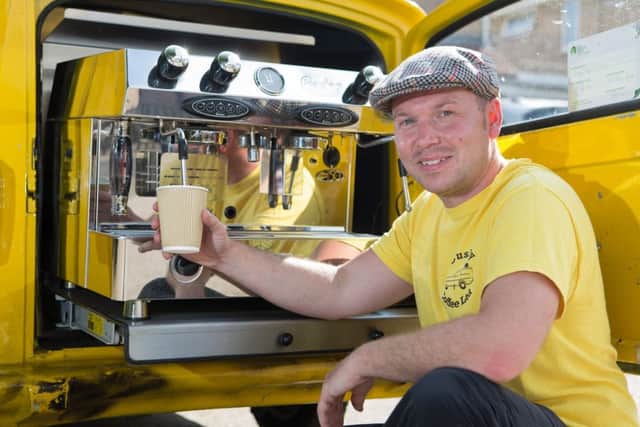 Nick Andrews has converted his Reliant into a 'Cushty Coffee' stall. Picture: Ross Parry Agency