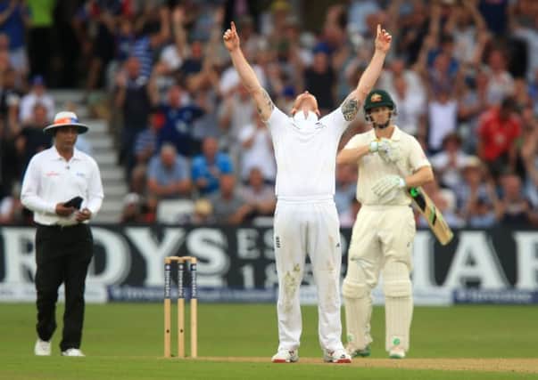 Ben Stokes celebrates the wicket of Australias Mitchell Johnson at Trent Bridge yesterday (Picture: PA).