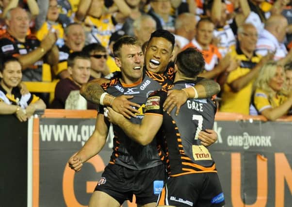 Michael Shenton is jubilant as Castleford Tigers beat Hull FC last night at Wheldon Road in the Super 8s (Picture: Richard Land).