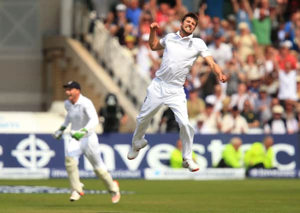 England bowler Mark Wood celebrates bowling Australia batsman Nathan Lyon to win the 4th test match and the Ashes.