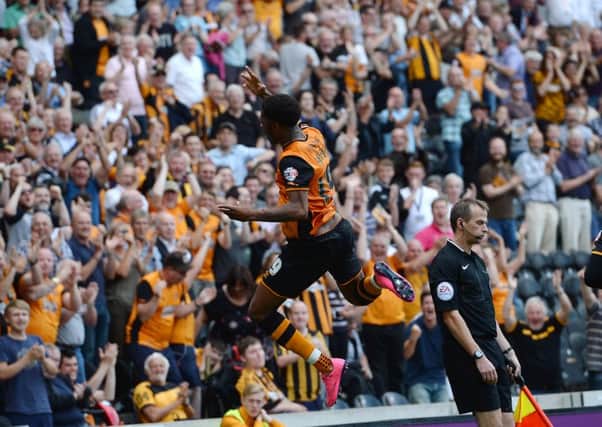 Hull City's Chuba Akpom celebrates after scoring his side's second goal.