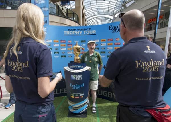 The Web Ellis Trophy on display at Trinity Leeds on Saturday ahead of the forthcoming Rugby Union World Cup.