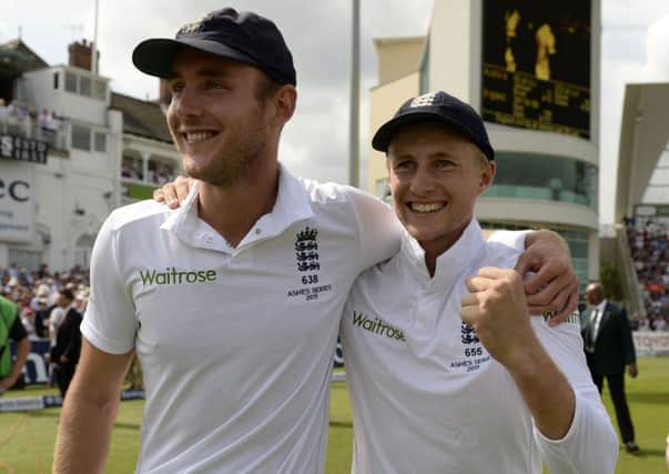 Stuart Broad and Joe Root, right, suffered an Ashes nightmare Down Under in 2013-14 but after helping to reclaim the urn are seen celebrating during the lap of honour which followed their fourth Test victory over Australia at Trent Bridge (Picture: Philip Brown/PA Wire).