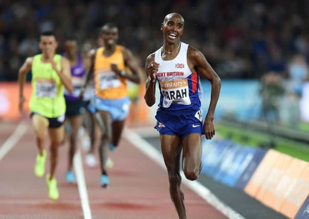 Great Britain's Mo Farah wins the Men's 3000m Final during day one of the Sainsbury's Anniversary Games at The Stadium at Queen Elizabeth Olympic Park, London.