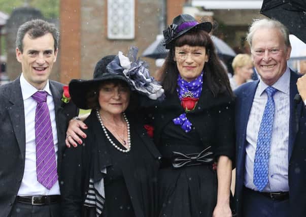 George Cole's wife Penny Morrell, daughter Harriet Cole with Dennis Waterman and his wife Pam Flint at Reading Crematorium