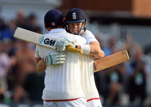 Englands Joe Root is hugged by Yorkshire county colleague Jonny Bairstow after reaching his century during day one of the fourth Ashes Test against Australia at Trent Bridge (Picture: Mike Egerton/PA).