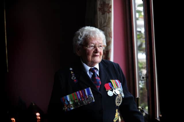 90-year-old Barbara Weatherill, from Barlby, near Selby, was serving in the Army in Scotland on VJ Day. 
Picture: Jonathan Gawthorpe.