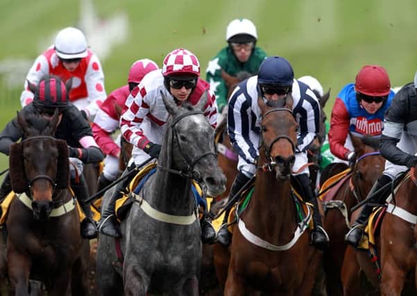 Countrywide Flame ridden by Dougie Costello, wearing black-and-white striped sleeves, on their way to winning the JCB Triumph Hurdle during the 2012 Cheltenham Festival (Picture: David Davies/PA).