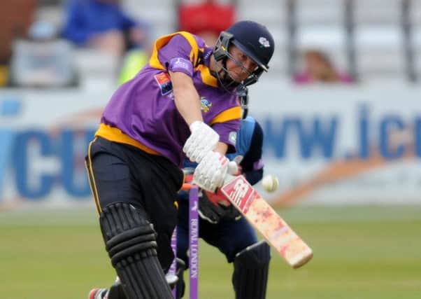 STRIKING OUT: Yorkshires Gary Ballance hitting a six in his top score of 69 against Derbyshire. Picture: Steve Riding