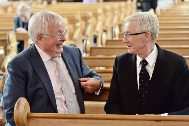 Christopher Biggins and Paul O'Grady at the funeral of Cilla Black at St Mary's Church in Woolton, Liverpool. (Picture: Ray Tang/REX Shutterstock/PA Wire)