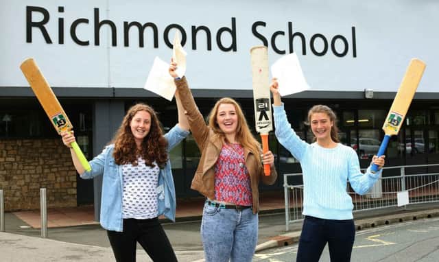 Richmond School cricketers, Mairi Teesdale, Georgi Sutton-Walker and Rosie Brannigan celebrate their GCSE results.  Picture: Richard Doughty Photography