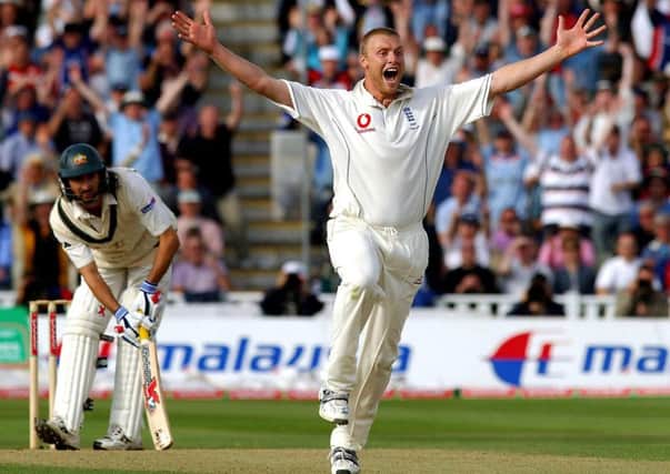 Andrew Flintoff appeals successfully to the umpire after trapping Australia's Jason Gillespie LBW during the 2005 Ashes series.