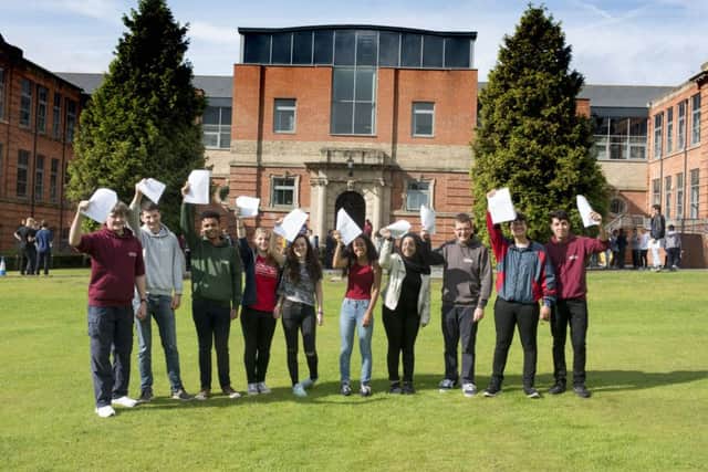 . GCSE results day at Roundhay School, Leeds.  From the left, George Breckenridge, James Peaty, Micah Brown, Martha Ohr, Aileen Loftus, Rioko Moscardini, Sharmin Ahmed, Harry Hughes, Lewis Batkin and Faiz Alam.