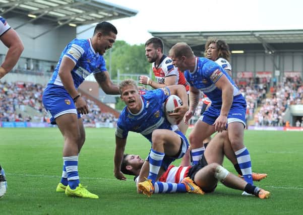 Wakefield's Jacob Miller scores his side's third try against Leigh. Picture: RLPHOTOS.COM