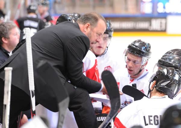 Paul Thompson issues instructions to his players against JYP Jyvaskyla on Saturday night. Picture: Dean Woolley.