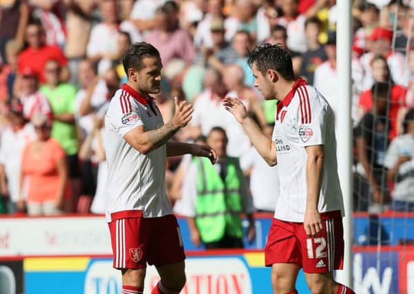 Mark McNulty of Sheffield Utd celebrates his goal with Billy Sharp. (Picture: Martyn Harrison/Blades)