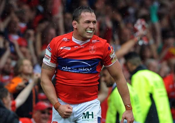 Hull KR's Shaun Lunt scorer of the wining try celebrates at the final whistle