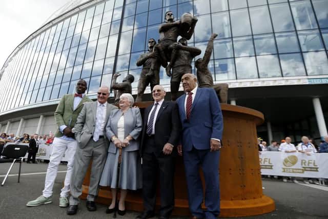 (From left to right) Doreen Ashton (widow of Eric Ashton), Gus Risman, Billy Boston, Alex Murphy and Martin Offiah as "The Legends" statue of Rugby League legends Martin Offiah, Alex Murphy, Billy Boston, Eric Ashton and Gus Risman is unveiled at Wembley Stadium before the Ladbrokes Challenge Cup Final at Wembley Stadium, London. (Picture: Paul Harding).