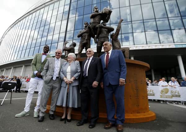 (From left to right) Doreen Ashton (widow of Eric Ashton), Gus Risman, Billy Boston, Alex Murphy and Martin Offiah as  "The Legends" statue of Rugby League legends Martin Offiah, Alex Murphy, Billy Boston, Eric Ashton and Gus Risman is unveiled at Wembley Stadium before the Ladbrokes Challenge Cup Final at Wembley Stadium, London. (Picture: Paul Harding).