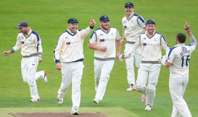 Yorkshire's players celebrate taking the final Somerset wicket at Headingley yesterday. Picture: SWPIX.COM
