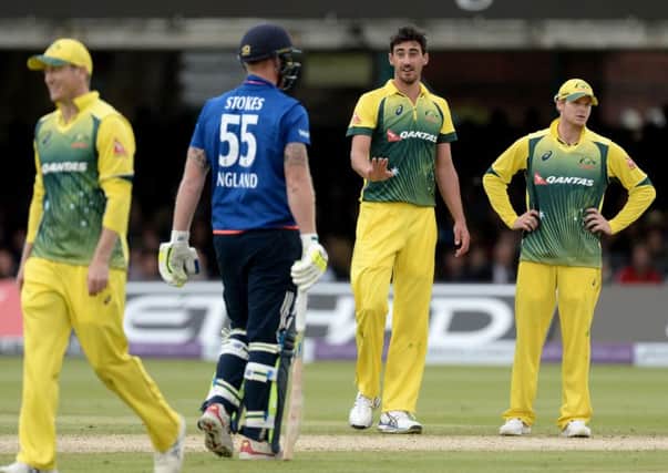 Australia's Mitchell Starc exchanges words with England's Ben Stokes at Lord's on Saturday.