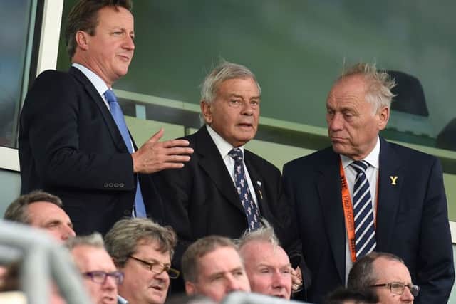 David Cameron talks with Sir Dickie Bird at Headingley Carnegie Cricket Ground, Leeds, shortly after his gaffe.