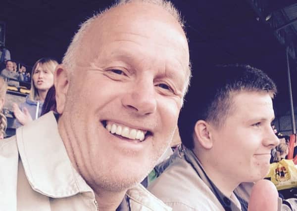 Selfie taken by Peter Owens, left, with son Angus Owens, 17, before his cardiac arrest at Bradford Bulls on July 19.