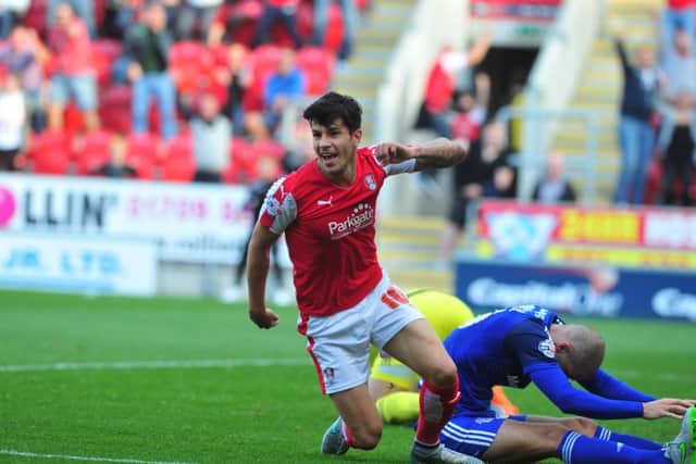 Emmanuel Ledesma celebrates his late goal in added time for Rotherham's first win of the season. (Picture: Tony Johnson)