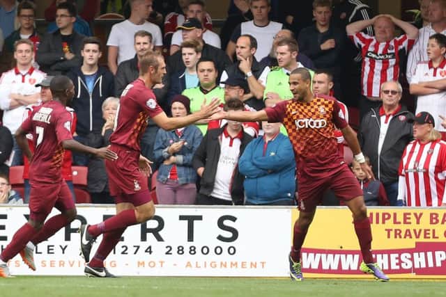 James Meredith of Bradford celebrates his opening goal. (Picture: Philip Oldham/SportImage
)