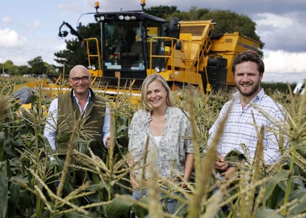Gregg Wallace, Phillipa Forrester and James Manning, the presenters of Harvest 2015 on BBC Two.  Pic: BBC/Carl Pendle.