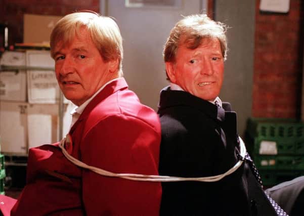 Coronation Street makes the top 15 list three times. Here, Mike (Johnny Briggs) and Ken (William Roache) are tied up in the store cupboard at Freshco during a siege.