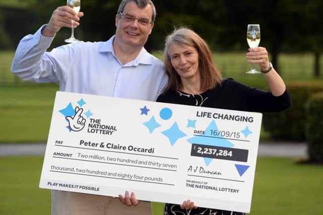 Peter Occardi (48) and wife Claire (44) who have scooped £2,237,284 on the National Lottery. Pictured at their winners conference at the Devonshire Arms Hotel near Bolton Abbey September 24 2015.