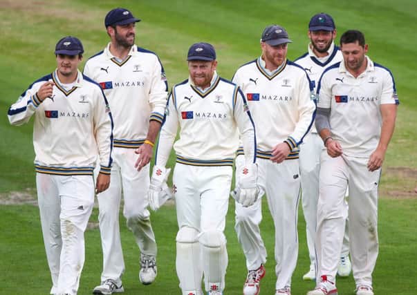 Yorkshire's Jack Brooks, Liam Plunkett, Jonny Bairstow, Andrew Gale, Jack Leaning and Tim Bresnan leaving the field. Picture: SWPIX.COM