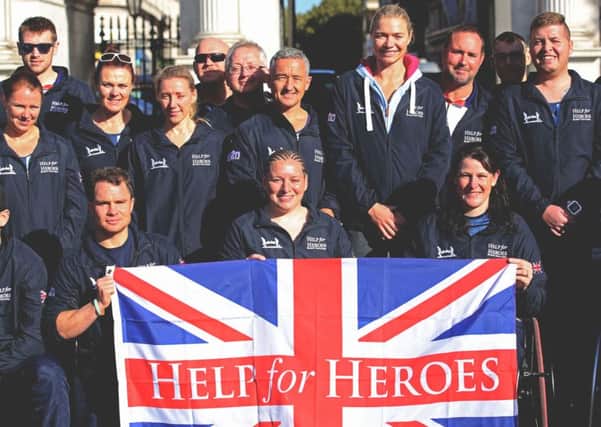 Jodie Kidd, centre right with Help for Heroes athletes prior to setting off from Marble Arch, London, to take part in the Enduroman Arch to Arc challenge.