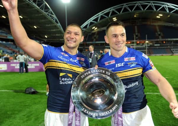 Kevin Sinfield and Ryan Hall celebrate Leeds winning the League Leaders' Shield.
