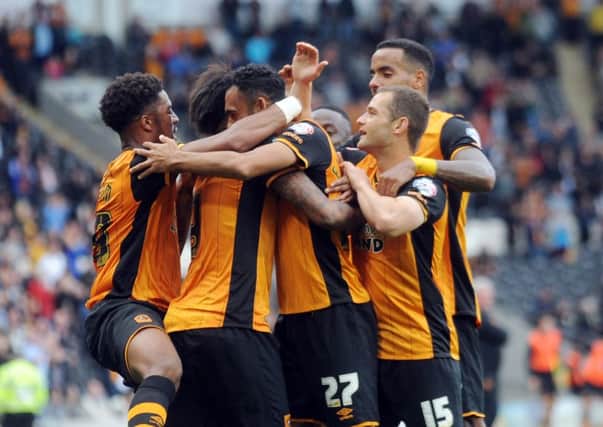 Hull City striker Abel Hernandez is congratulated after scoring against Blackburn Rovers in Saturdays 1-1 Championship draw at the KC Stadium (Picture: Simon Hulme).