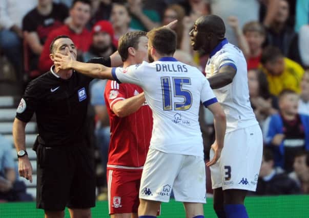 Sol Bamba and Stuart Dallas remonstrate with referee Neil Swarbrick after Mirco Antenucci's 'goal' against Middlesbrough was disallowed. PIC: Simon Hulme