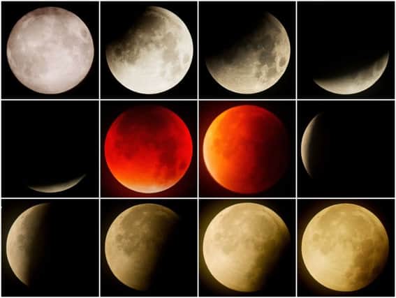 A composite image of the blood red supermoon in the skies above Falkirk, created from a lunar eclipse with the moon near to its closest point to the Earth. During a lunar eclipse, the moon turns a deep rusty red, due to sunlight being scattered by the Earth's atmosphere. Picture: Danny Lawson/PA Wire