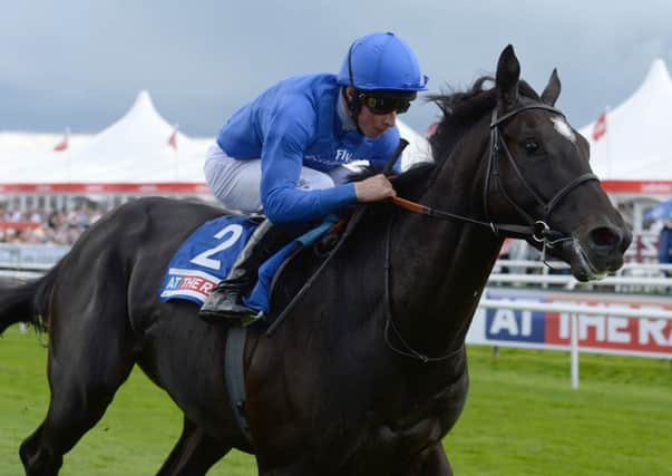 Emotionless, ridden by William Buick, wins the At The Races Champagne Stakes during this year's St Leger Festival at Doncaster. Picture: Anna Gowthorpe.