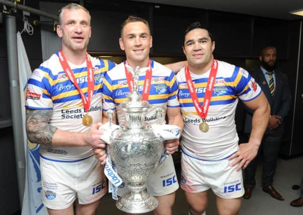 FINAL BOW: Challenge Cup winners Jamie Peacock, Kevin Sinfield and Kylie Leuluai play their last game at Headingley tonight. Picture: steve riding