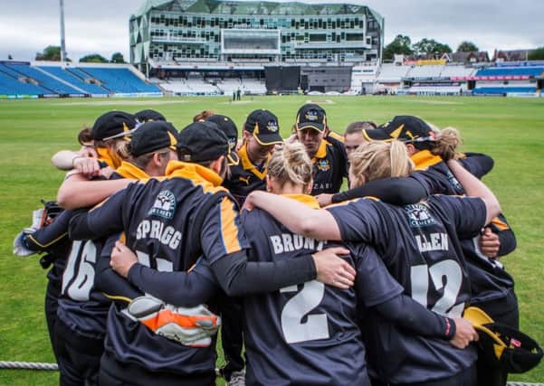 Yorkshire Women's team in a huddle at Headingley in June as they prepare to take on Notinghamshire. Picture: Alex Whitehead/SWpix.com.